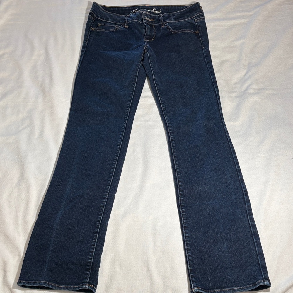 American Eagle Outfitters Dark Blue Stretch Denim Straight Cut Jeans - Size 10 L